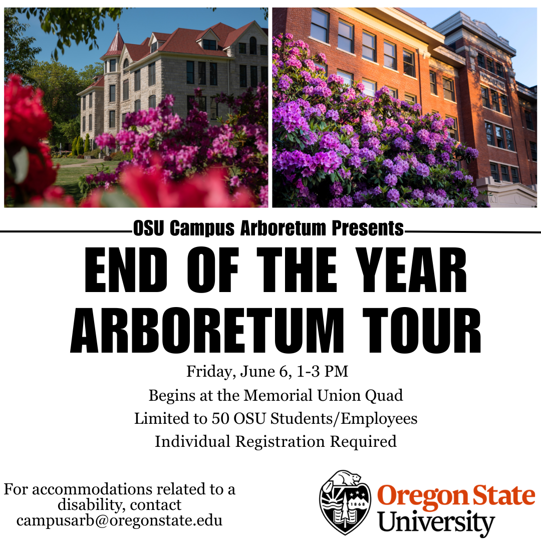 End of the Year Arboretum Tour flyer featuring details and two images of buildings with flowers